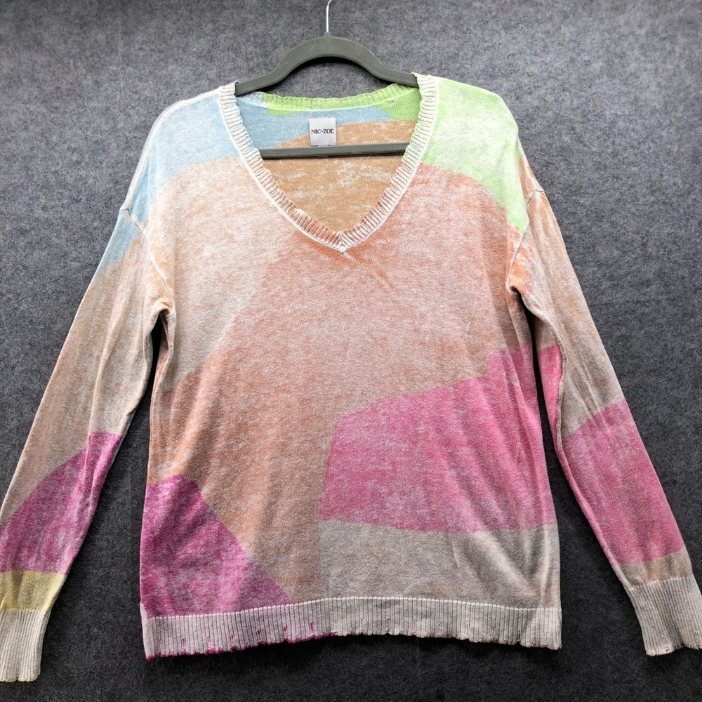 NIC+ZOE Abstract Colorblock V-Neck Sweater Womens XS Distressed Pastel Relaxed